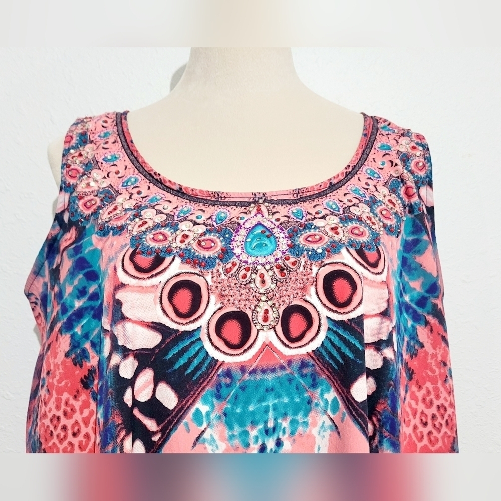 Island Expression Sleeveless Colorful Dress Tropical Beachy Bling Womans Size XL - Picture 4 of 11